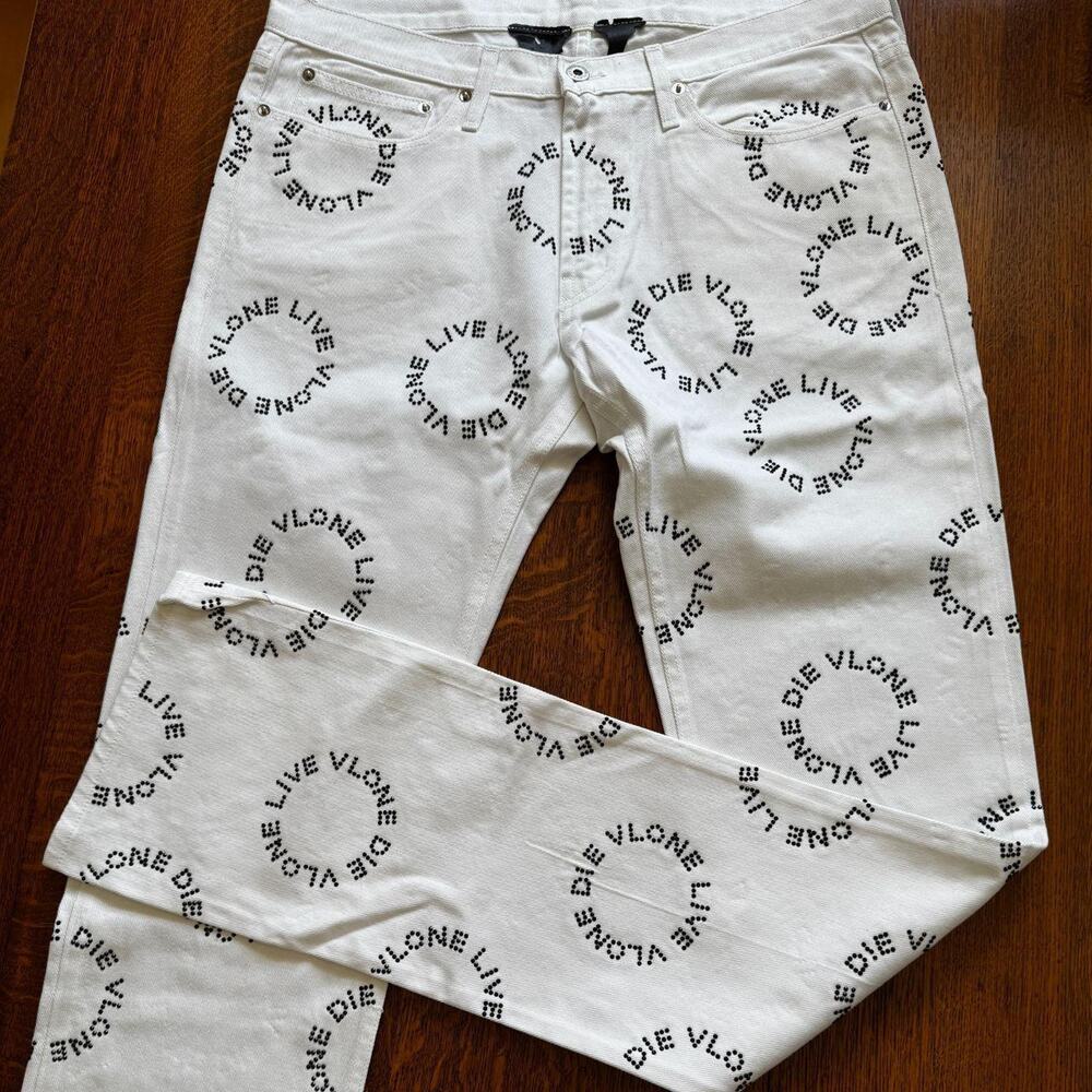 NWT/BAG Unreleased Vlone White Denim  Jeans w/ Black Rhinestone LARGE